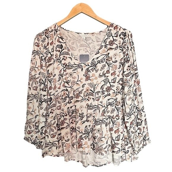 NWT Lucky Brand Top Floral Peasant Blouse Long Sleeved Peplum Cream Size Small - Picture 1 of 12
